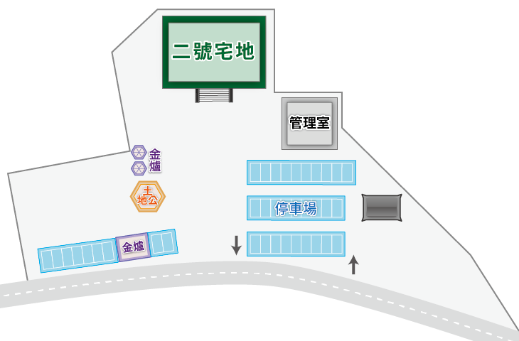 圖片：東興公墓納骨塔（二號宅地）平面圖:二號宅地、管理室、停車場、土地公及金爐